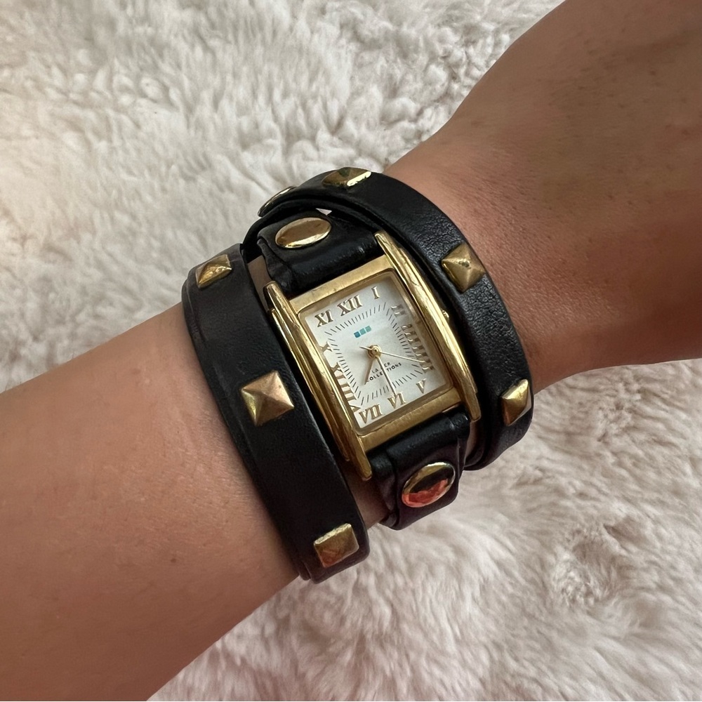La Mer Black Leather Wrap Watch with Gold Studs